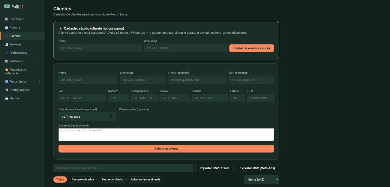 Tela de Clientes do VolttAI